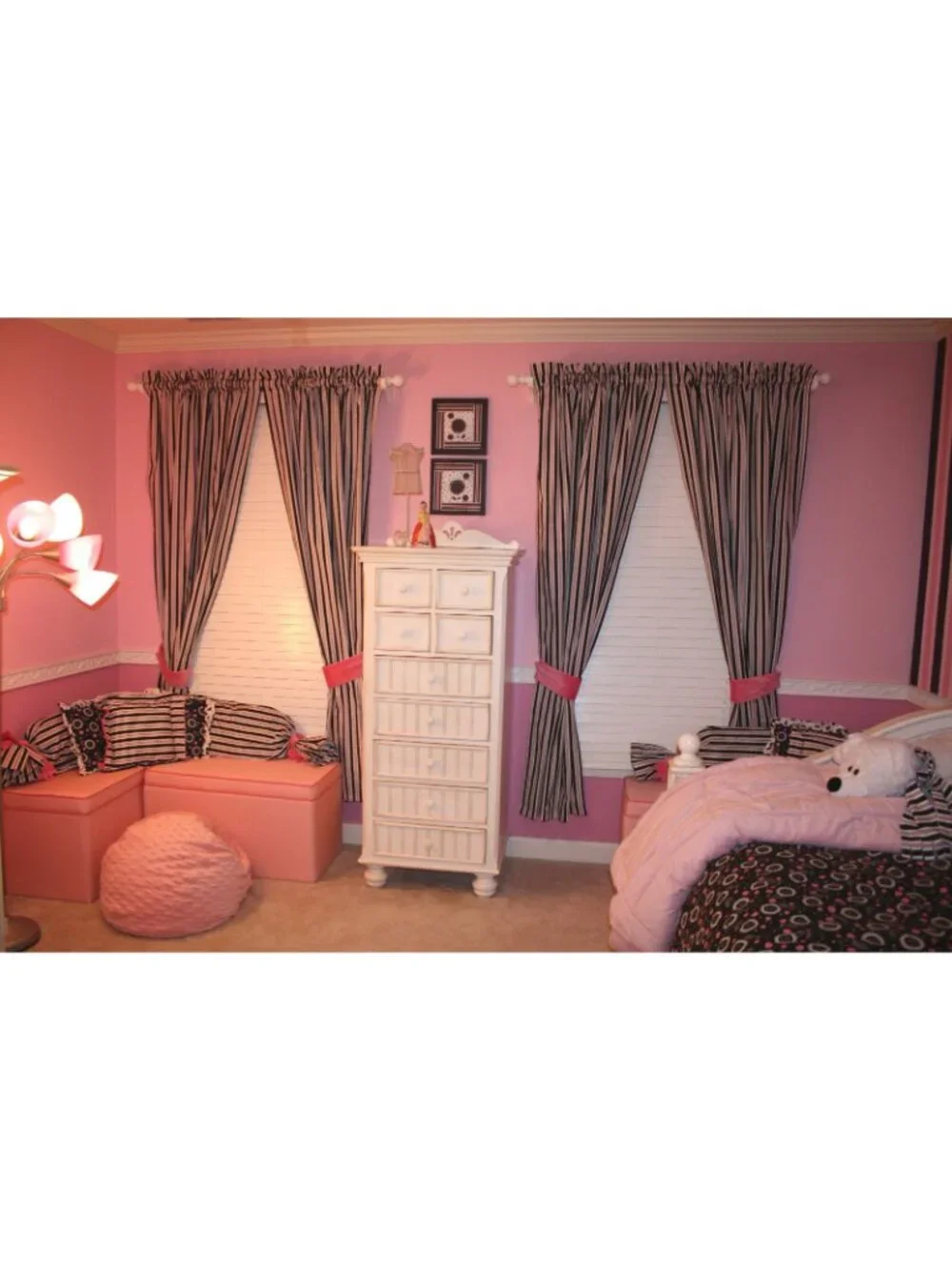 New Kathy Ireland Home Madison Girl Pink Black Stripes Window Curtain Panel Set